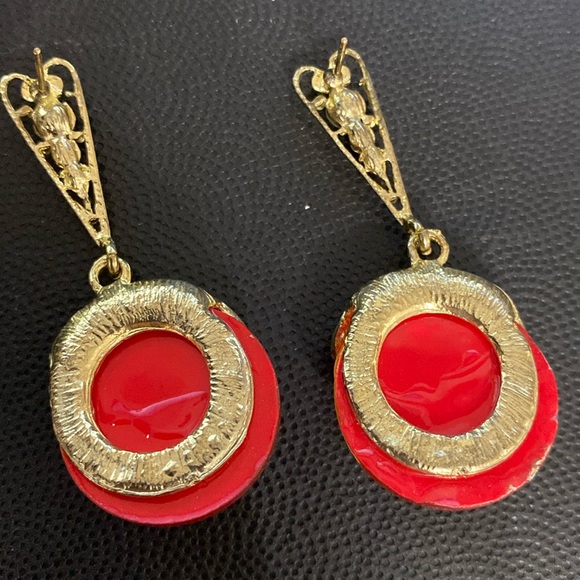 Vintage Gold tone, acrylic orange & rhinestone pierced dangling pierced Earrings - Picture 3 of 6